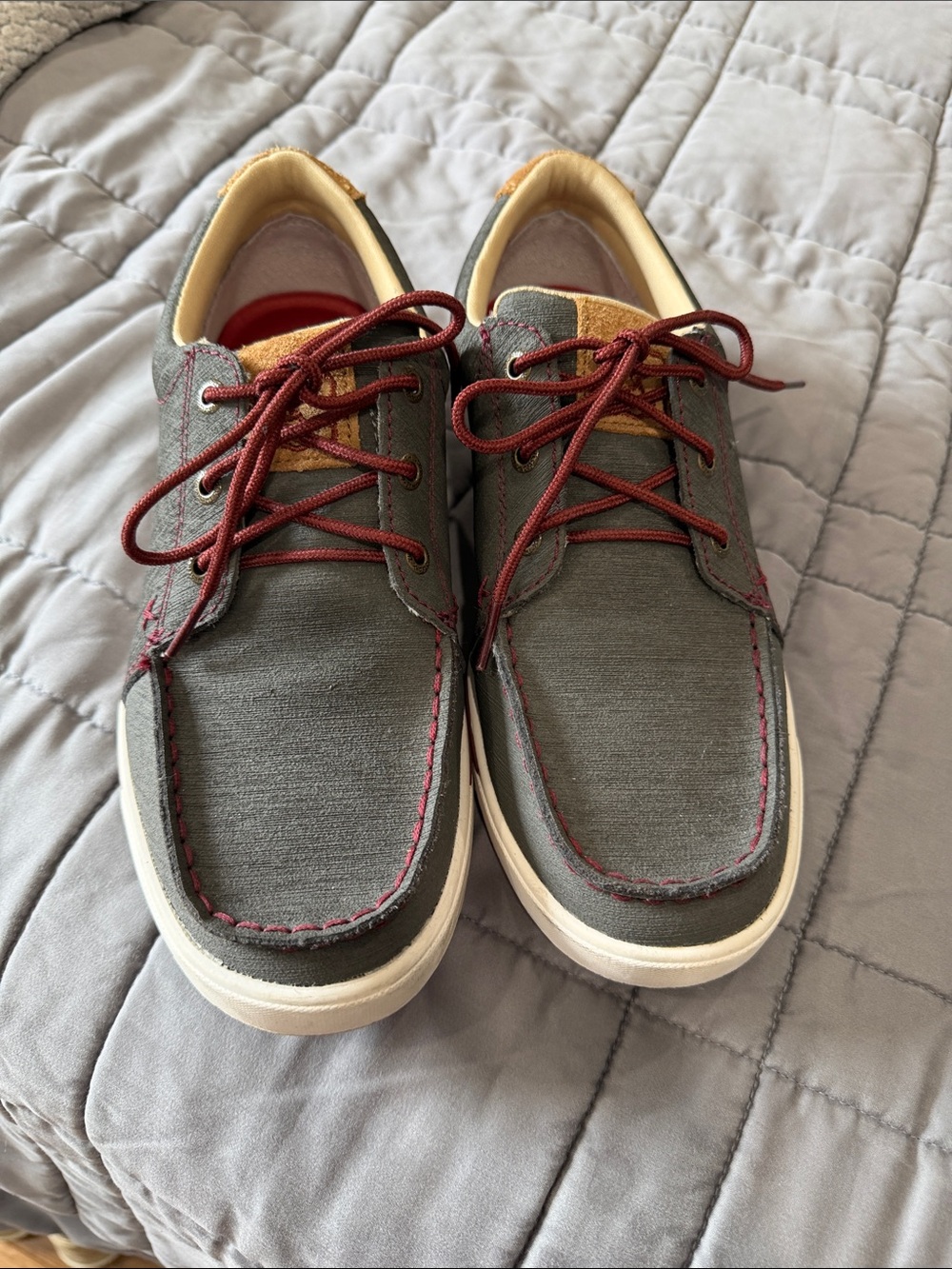 Twisted X Gray Canvas Boat Shoes with Burgundy Laces
